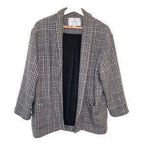 Amour Vert Houndstooth Plaid Jacket Open Front Large Wool Blend Shawl Collar